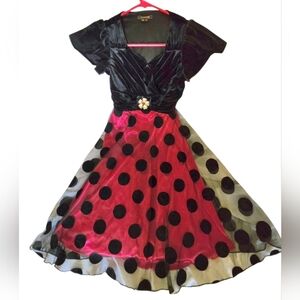 My Michelle Elegant Black Velvet Polka Dot Dress with Red Under Skirt Vintage
